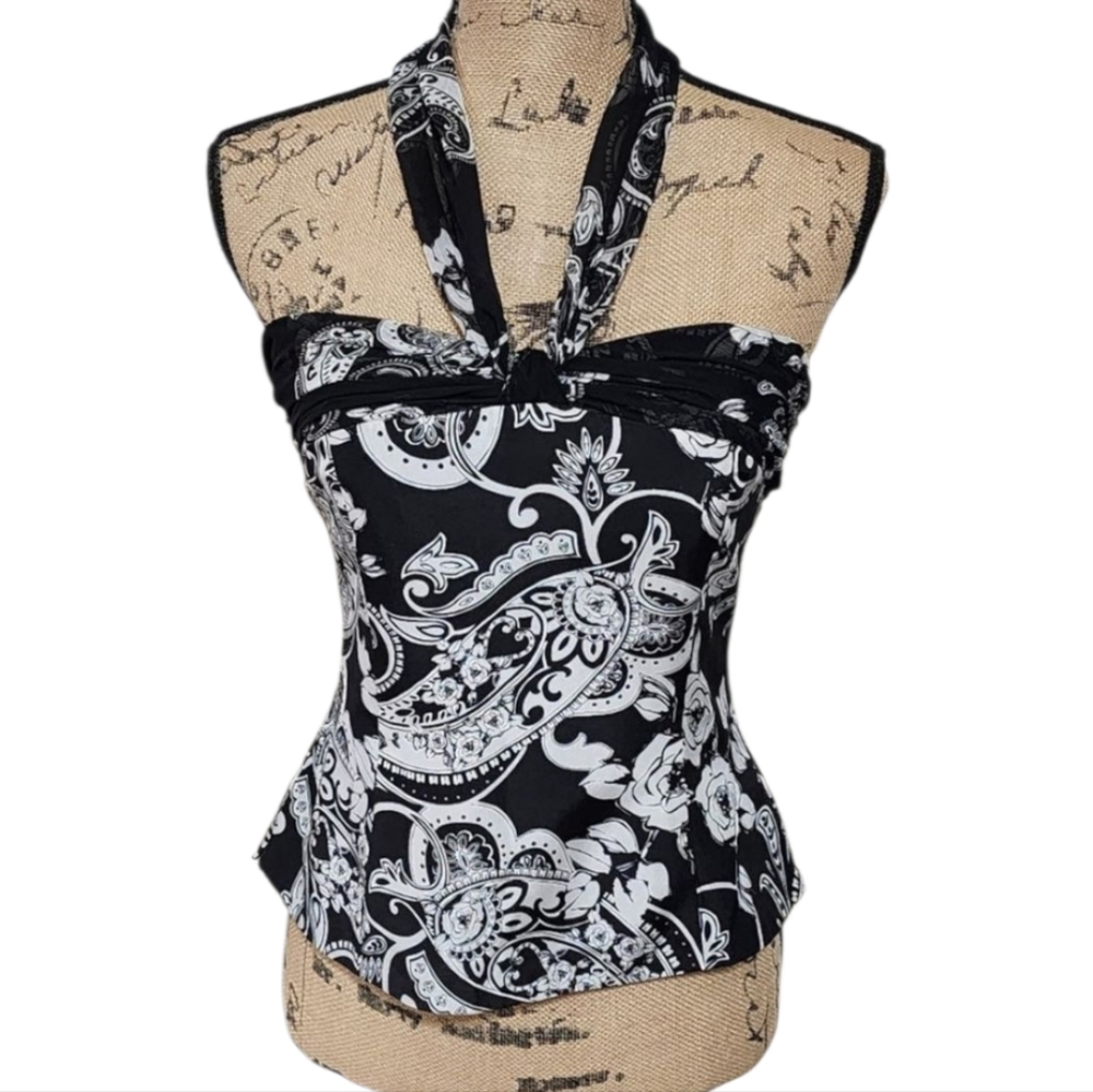 White House Black Market 100% Silk Paisley Floral Halter Corset Top Black‎ White